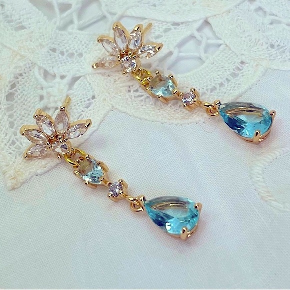 Turquoise Blue Glass White Blue Rhinestone Handmade Dangle Earrings - Picture 2 of 3